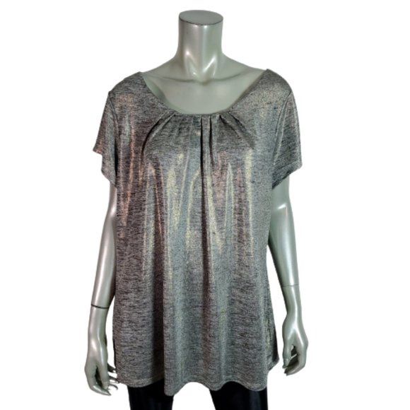 Worthington Top Plus Size 2X Gold Shimmer Metallic Stretch Casual Pullover Gray - Picture 1 of 5